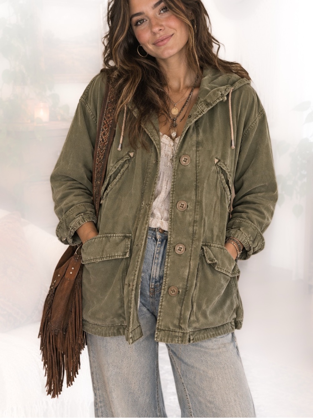 Free People Joshua Tree Oversized Hooded Utility Cargo Jacket Army Green S